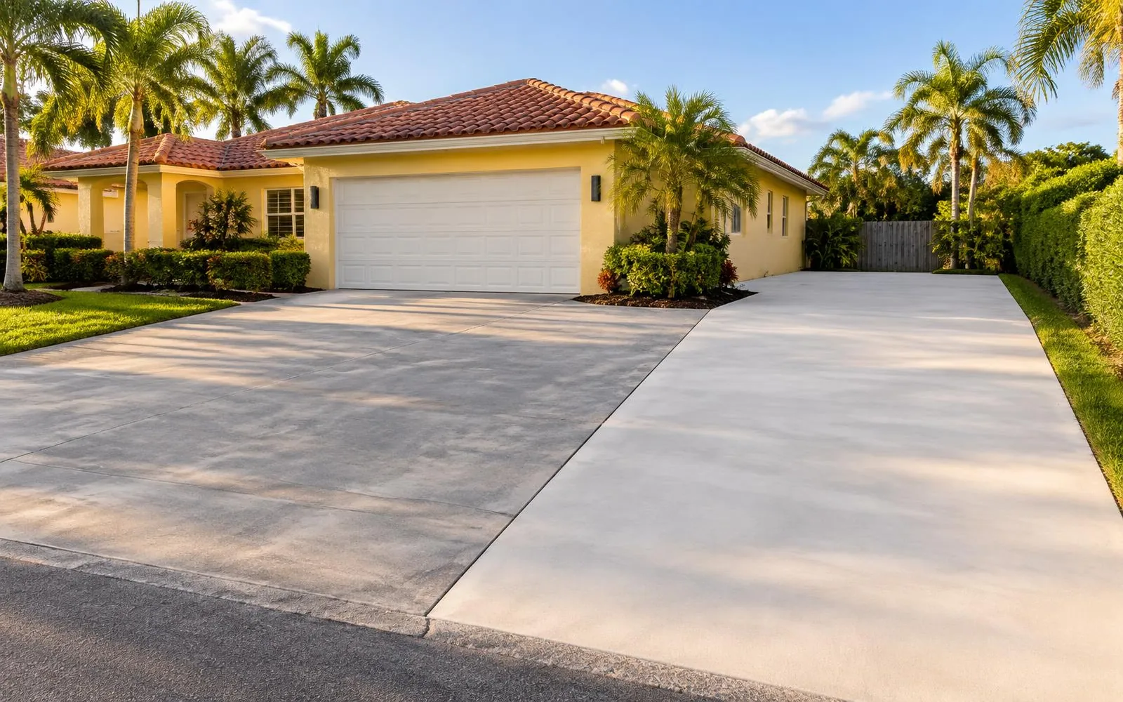 Widened driveway with a lighter concrete side parking pad at a soft yellow home in Pembroke Pines