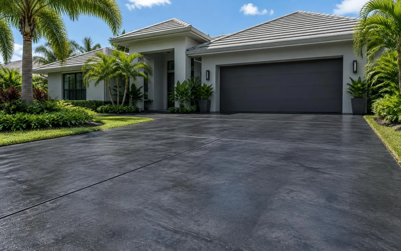 Charcoal stained concrete driveway at a light gray modern home in Pembroke Pines