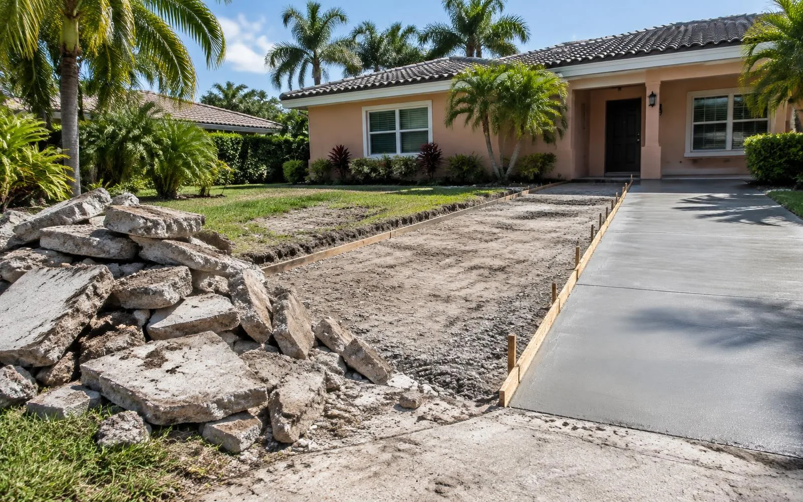 Broken old concrete beside new driveway forms at a stucco home in Pembroke Pines